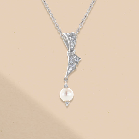 14K 蝴蝶结鑽石珍珠鏈