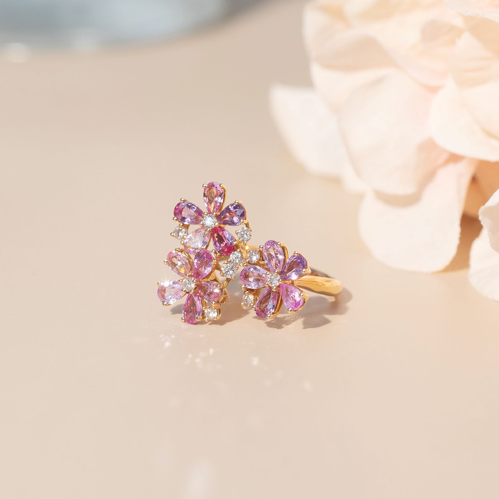 14K 金 | 長春花鑲 0.38ct 鑽石及寶石玫瑰金色可調式戒指 | 香港首飾及珠寶網店 – Recolour Your Life